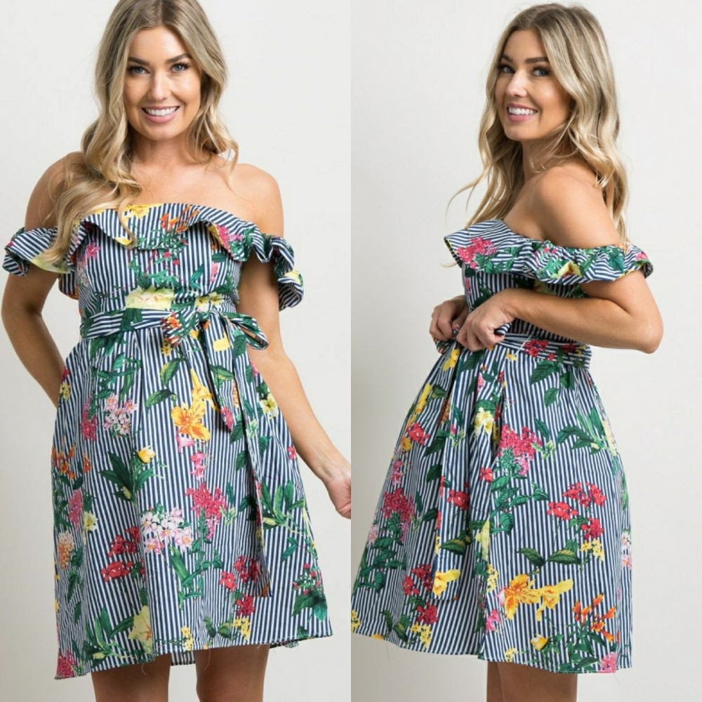 PINKBLUSH Blue Striped Floral Maternity Dress